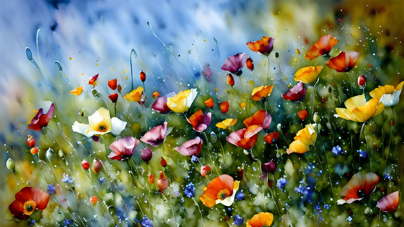 Colorful Watercolor Field of Poppies and Wildflowers