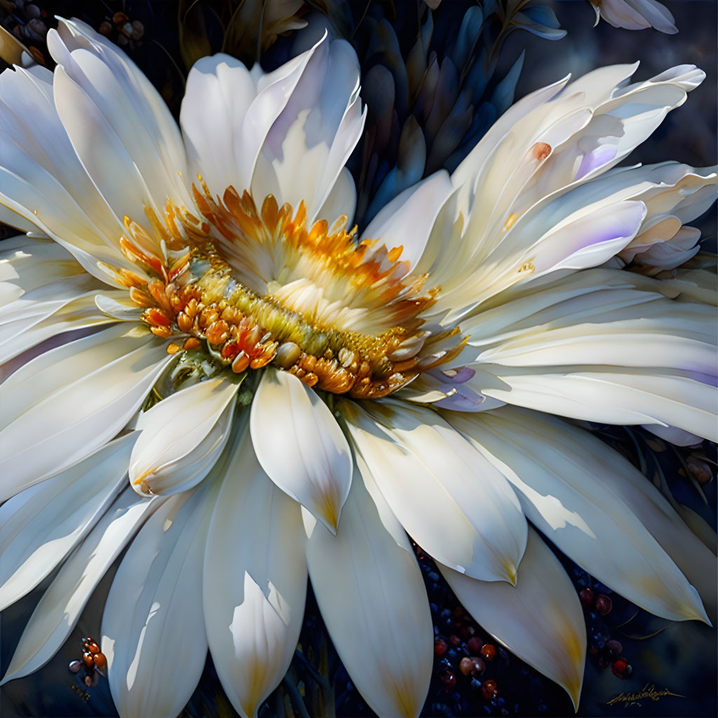 Detailed painting of blooming white daisy with vibrant yellow-orange center and blurred small flora.