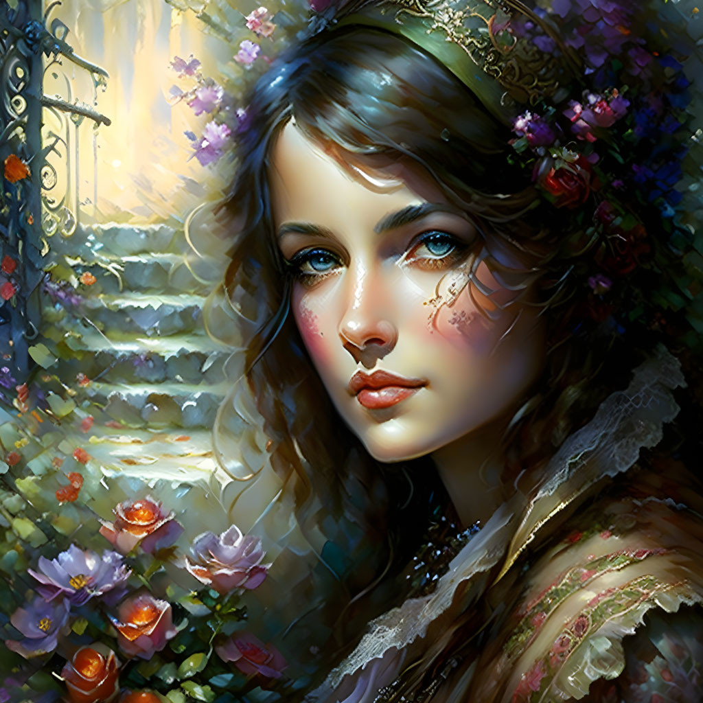 Detailed digital painting of woman in vintage attire with floral adornments.