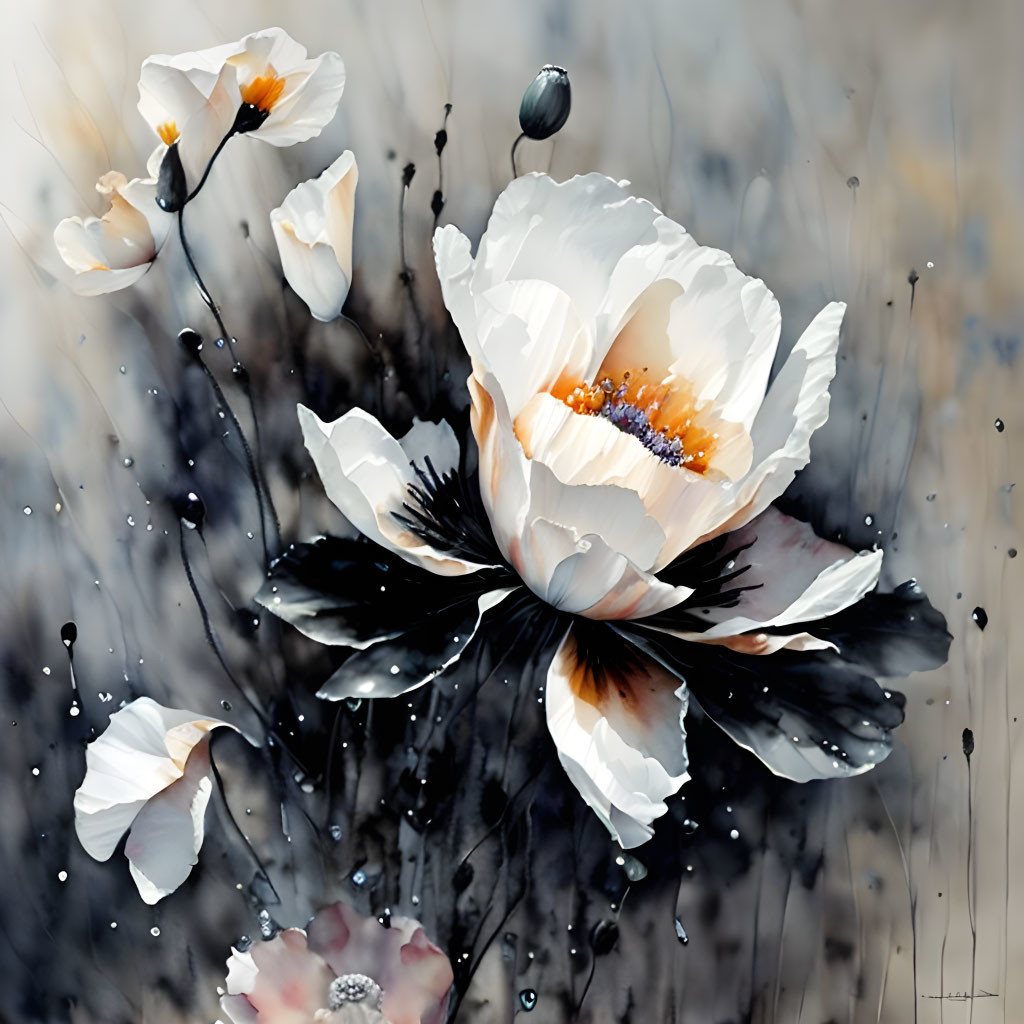 White poppies digital painting with orange stamens and raindrops on blurred dark background