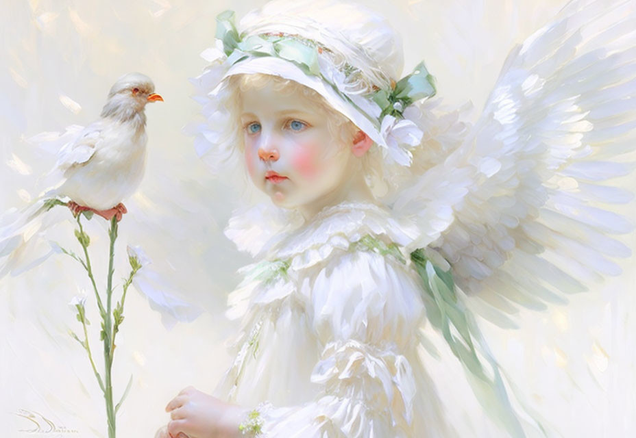 Child with Angel Wings and Floral Wreath Holding Bird Stem in Ethereal Glow