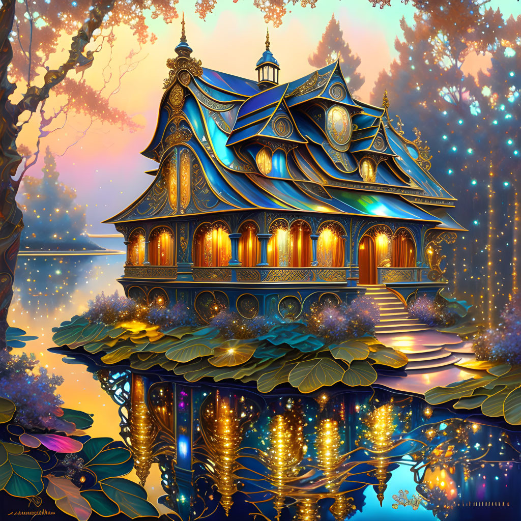 Fantasy-style house with glowing windows by water at twilight