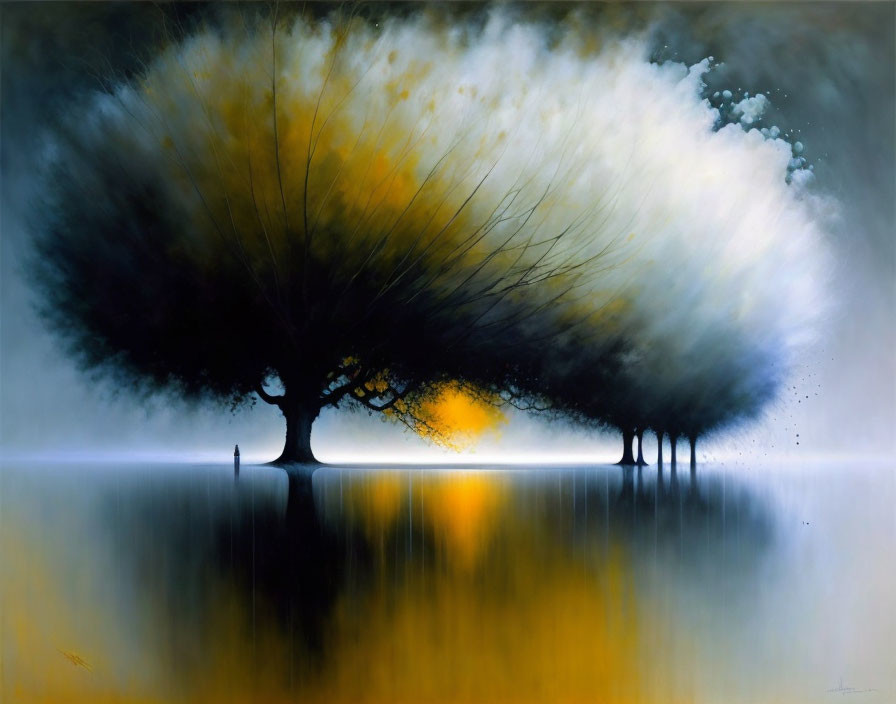 Ethereal glow illuminating silhouetted trees by tranquil water