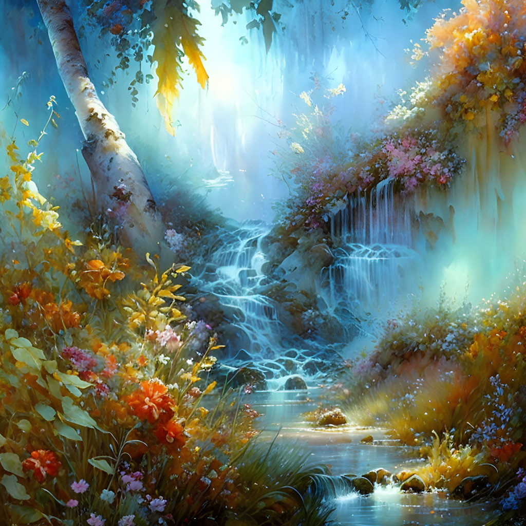 Enchanting forest waterfall scene with vibrant foliage