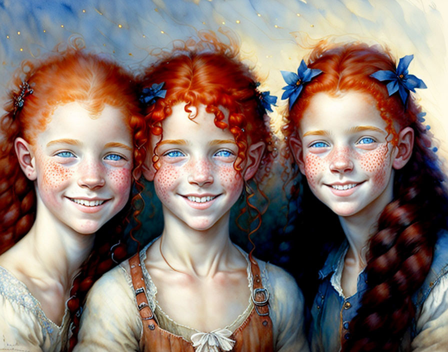 Three red-haired girls with freckles and blue flowers in their hair on a soft background