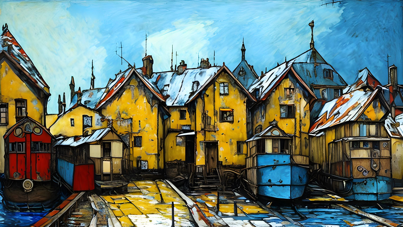 Colorful urban canal scene with yellow houses, red doors, blue boats, dynamic sky