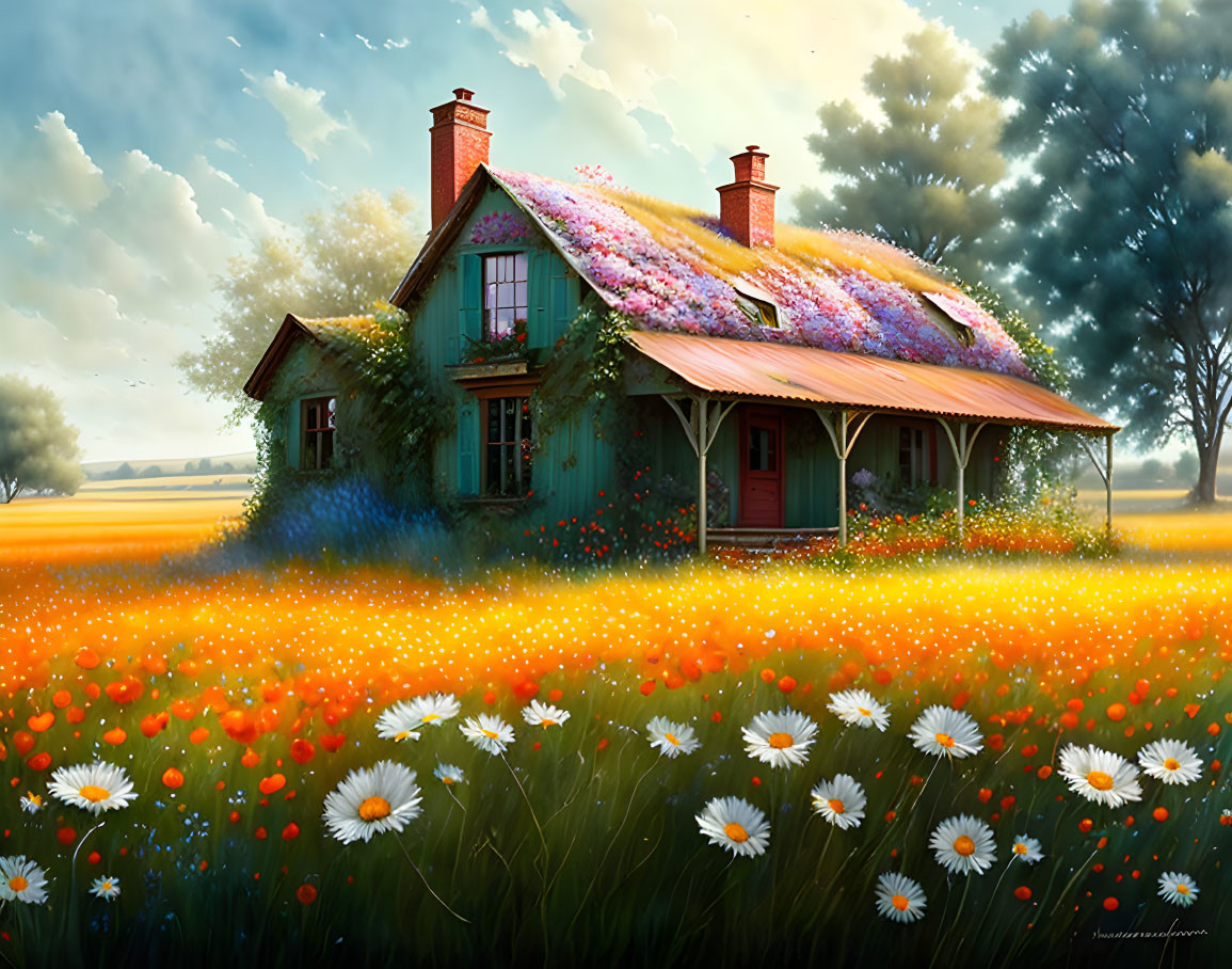 Colorful Flower-Covered Cottage in Vibrant Meadow