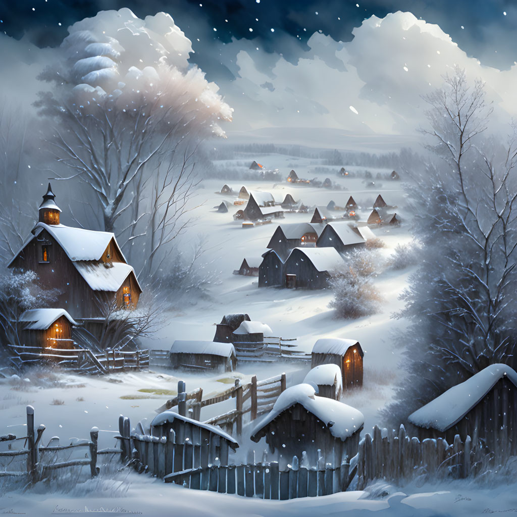 Snow-covered village with illuminated houses in starry night