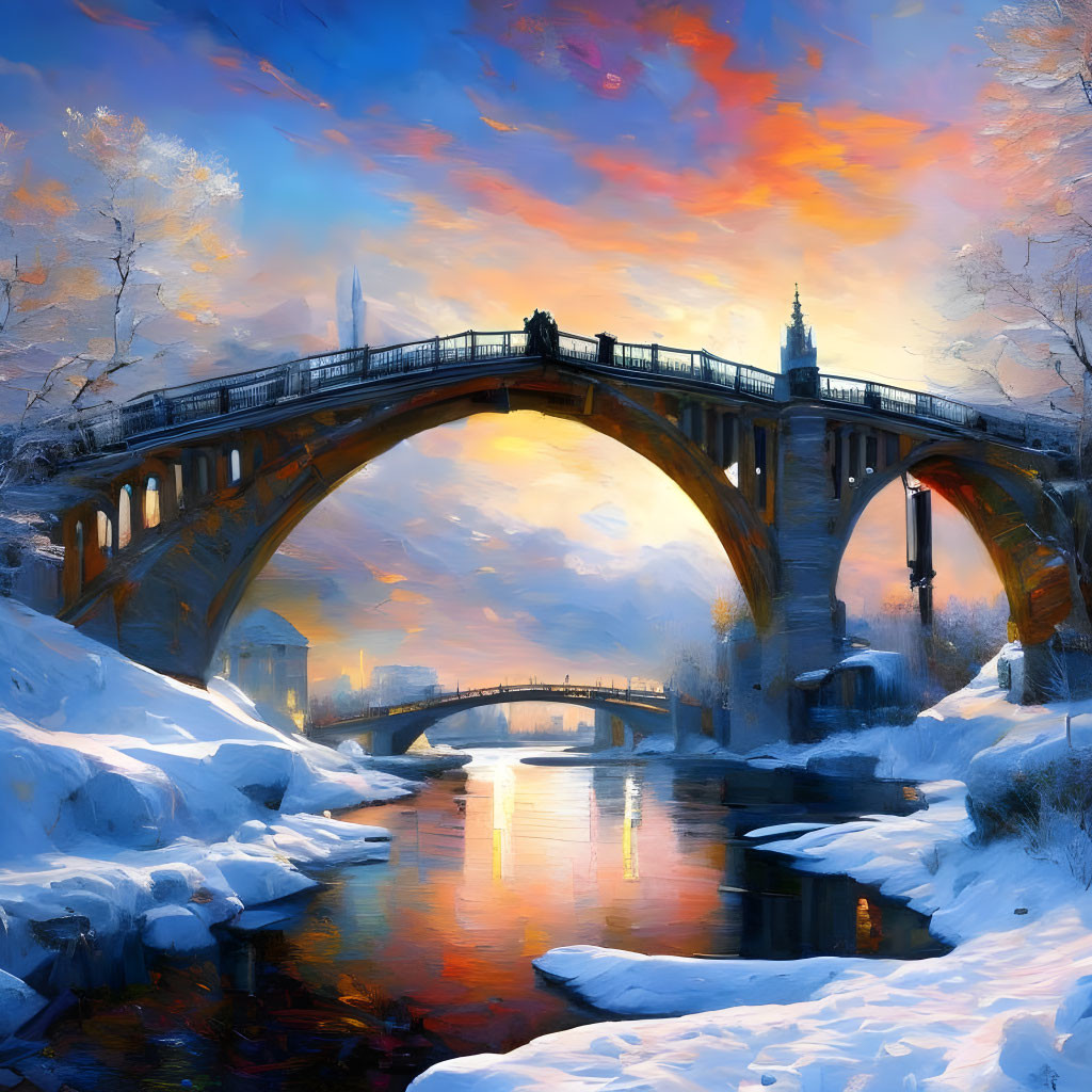 Snow-covered river at sunset under stone bridge with city silhouettes