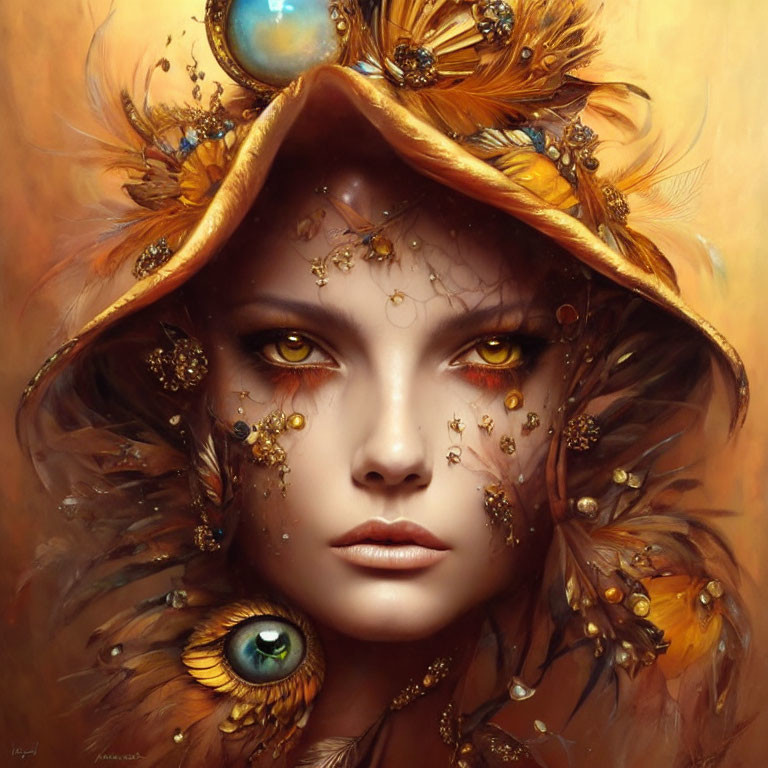 Fantasy portrait of woman with autumnal feathers and owl eye hat