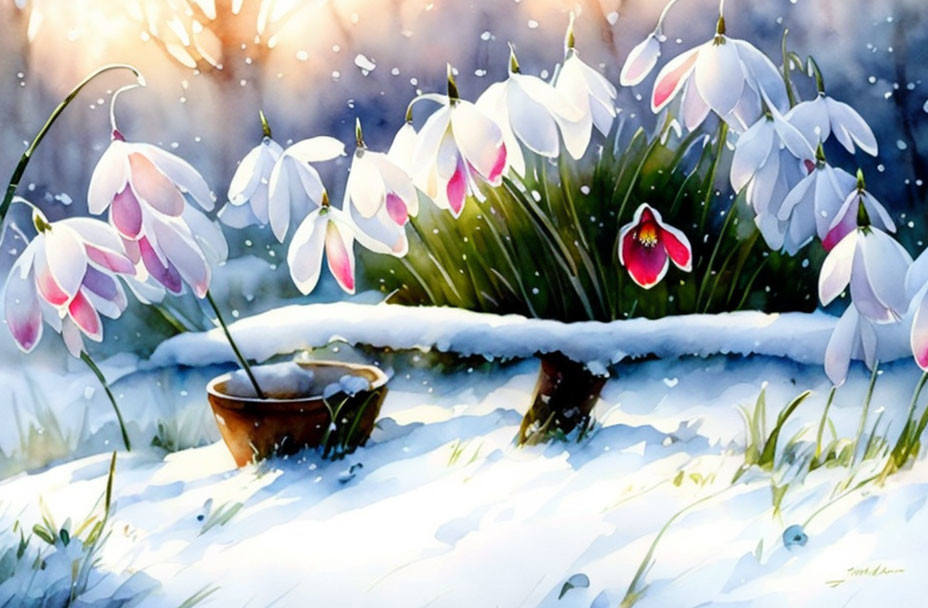 Snowy Scene: Pink and White Flowers with Wooden Bowl