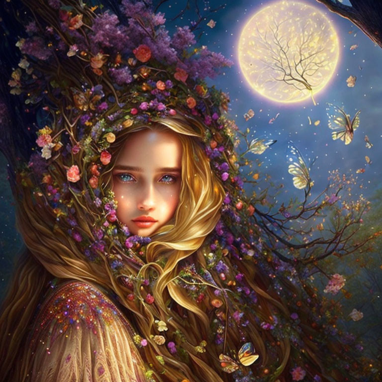 Woman with floral garland under full moon, surrounded by butterflies in mystical forest scene