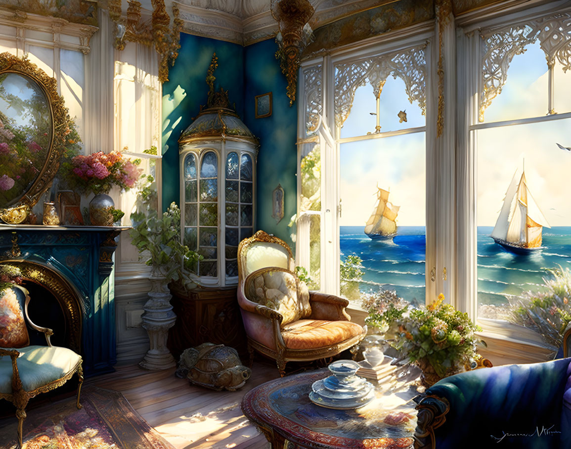 Vintage room with sea view, ornate furniture, floral arrangement, sailing ships.