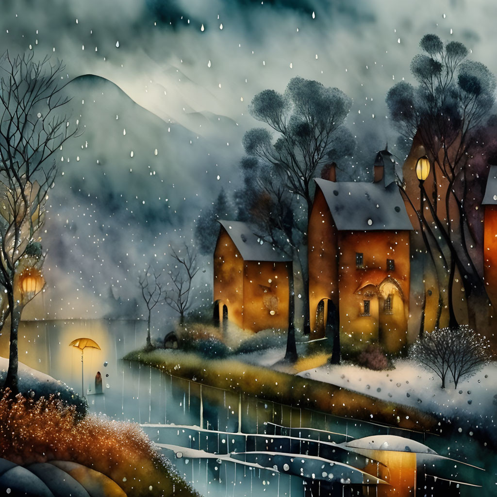 Snow-covered village scene with houses, trees, street lamps, person with umbrella, snowfall, mist