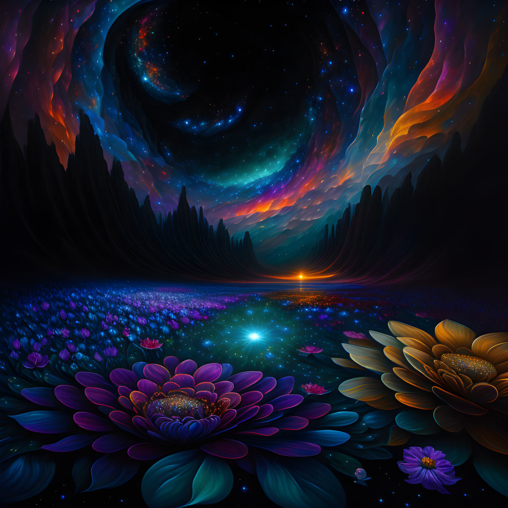 Colorful digital artwork: Mystical night sky, galaxies, luminous forest, oversized flowers