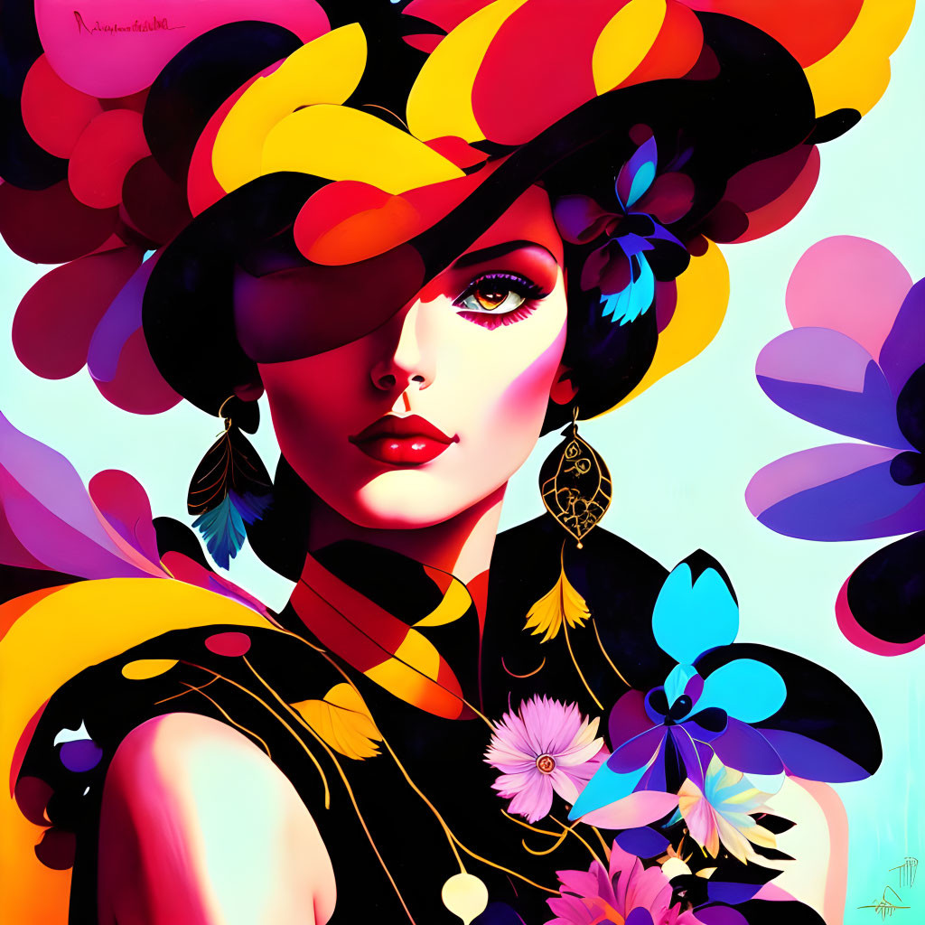 Colorful woman illustration with vibrant hair, flowers, feathers, and butterflies