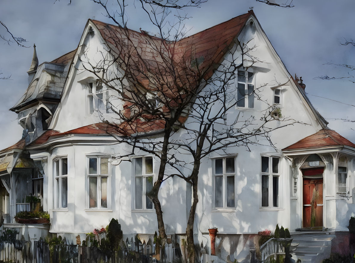 Vintage White House with Steep Red Roof and Leafless Tree