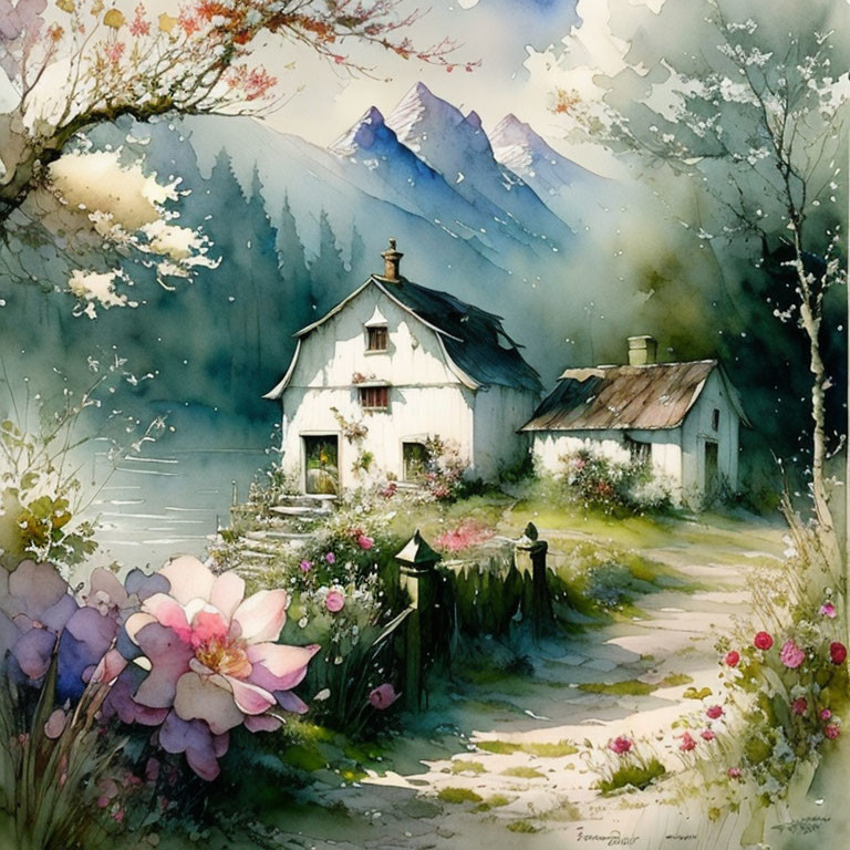 Scenic Watercolor Painting: Cottage by Lake, Greenery, Flowers, Mountains