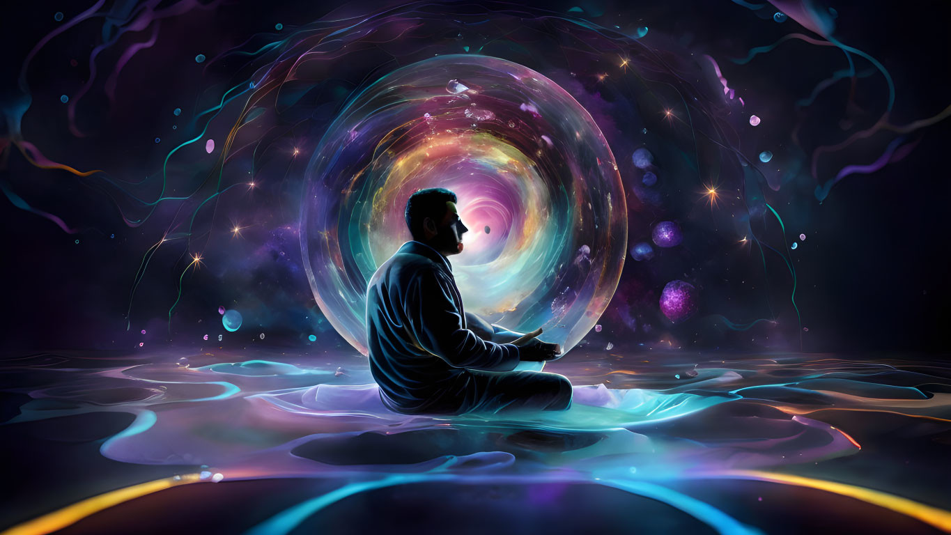 Person meditating in front of swirling cosmic portal with floating orbs