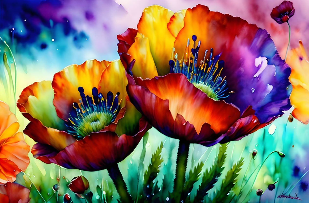 Colorful Watercolor Painting of Detailed Poppies on Dreamy Background