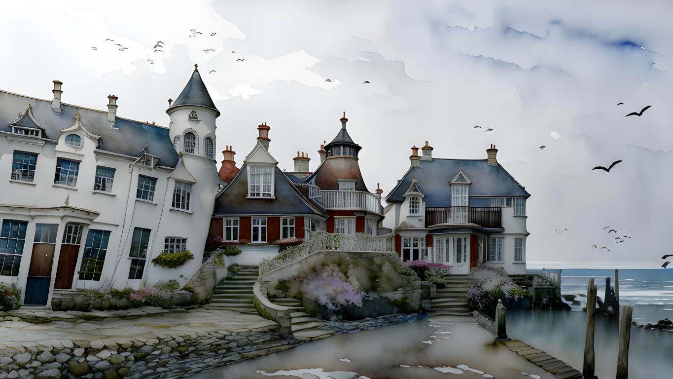 Digital artwork: Charming coastal village with Victorian-style houses, flying birds, serene sea, cloudy sky