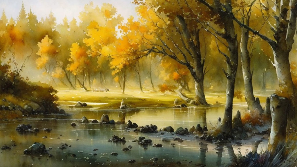 Golden-yellow Trees Reflecting in Calm River Amid Autumn Landscape