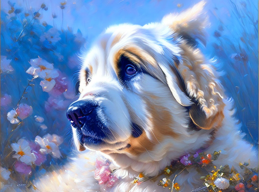 Fluffy White and Tan Dog in Dreamy Blue and Pink Scene