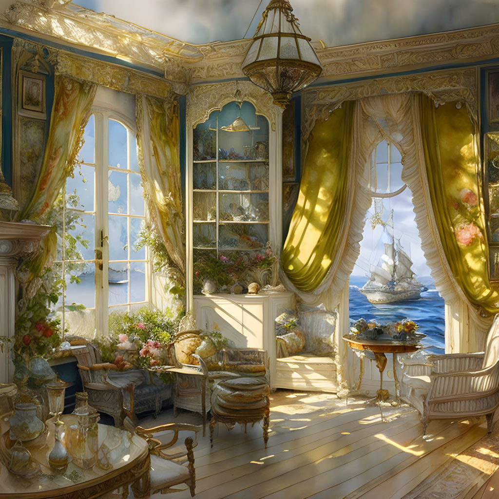 Luxurious vintage room with elegant furnishings, chandelier, and model ship on table