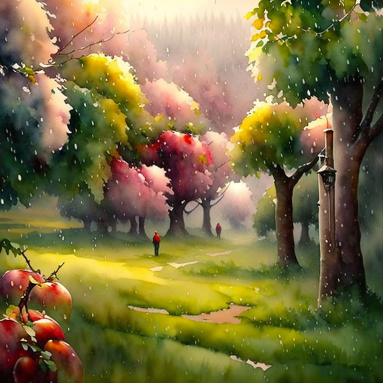 Colorful forest scene with person in red, flowering trees, lamp post, apples, and misty