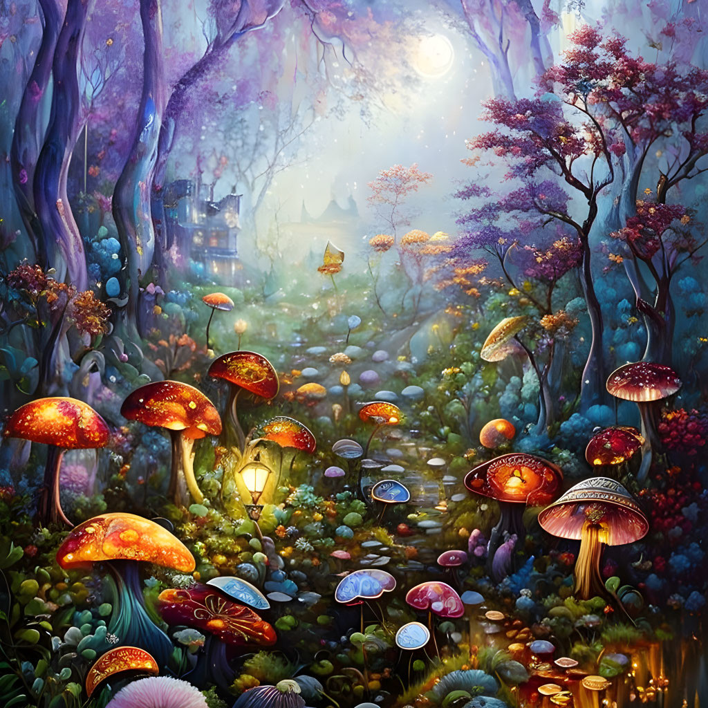 Enchanted forest path with glowing mushrooms and moonlit sky