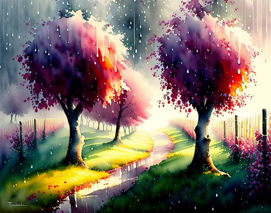 Whimsical path with flowering trees in vibrant watercolor