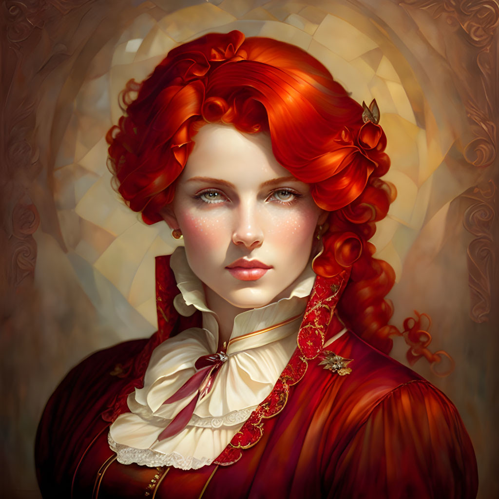 Vibrant red-haired woman in ruffled collar and dress on warm, ornate background