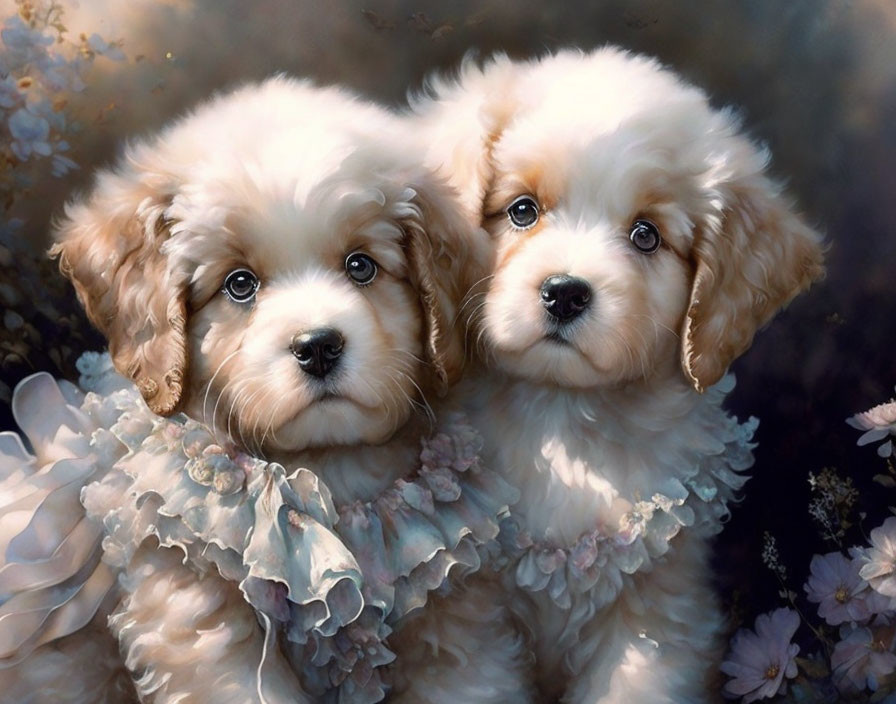 Fluffy puppies with wavy coats and lace collars among blossoms