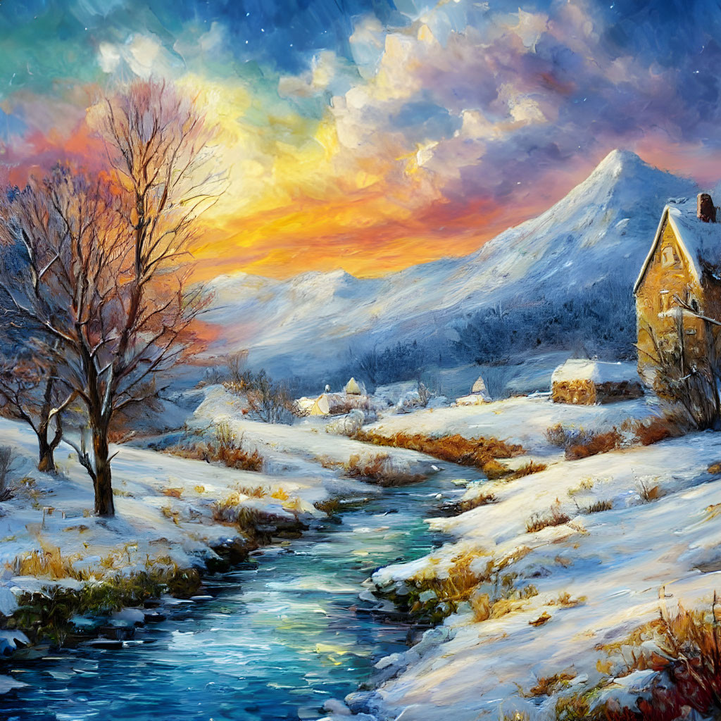 Snow-covered landscape with stream, cottage, trees, and mountains at sunset