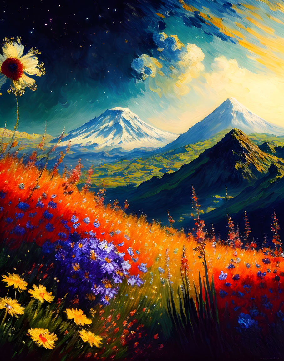 Colorful painting of starry sky, mountains, sunflower, and wildflower field