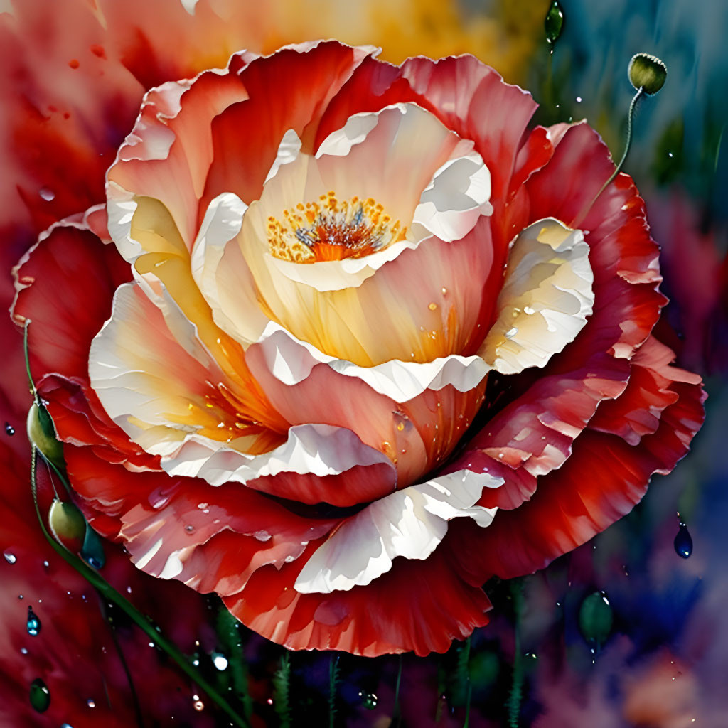 Colorful Watercolor Poppy Flower Illustration with Droplets on Petals