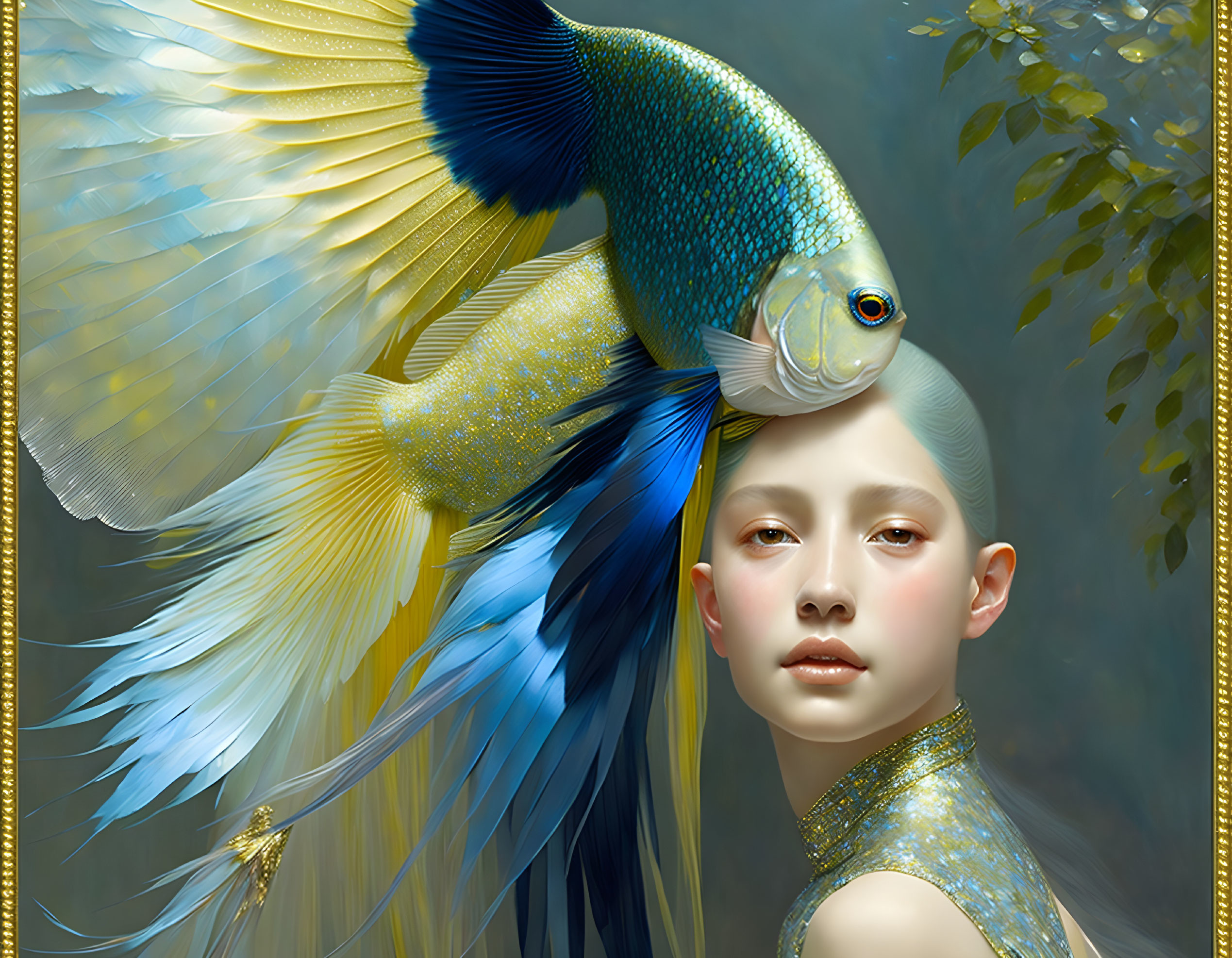 Surreal image of young woman merged with Betta fish in golden-tinted setting