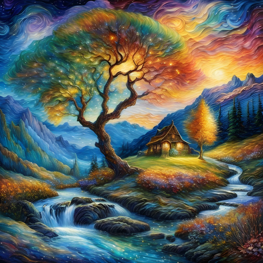 Colorful landscape painting: swirling sky, glowing tree, stream, sunset mountains