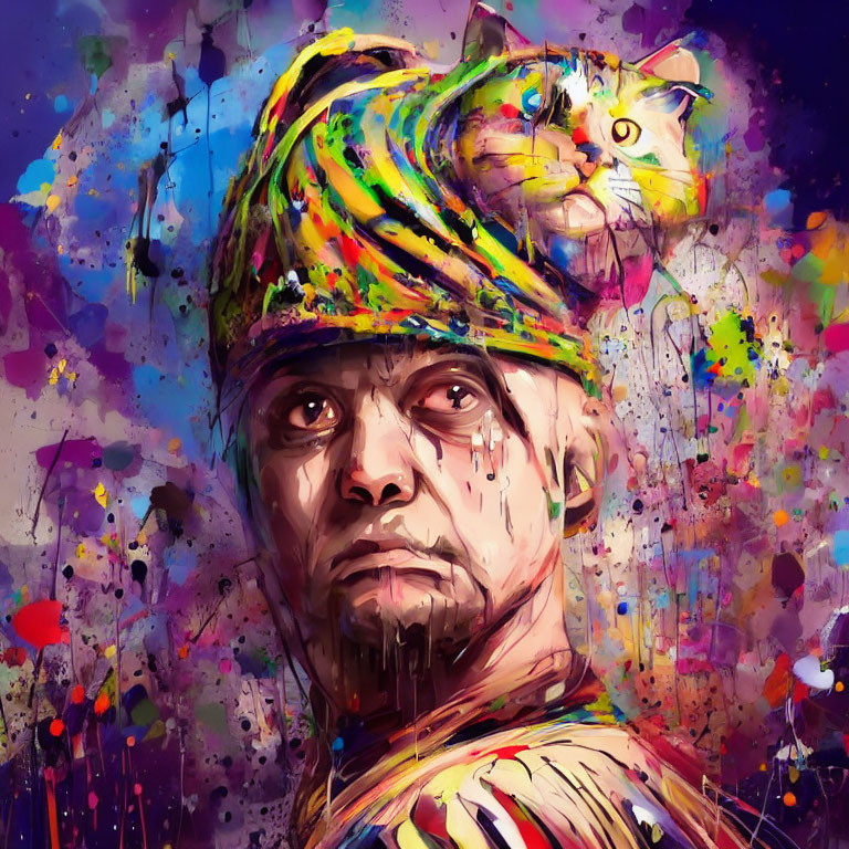 Vibrant digital painting of man with intense eyes and white cat in paint-stained headwrap