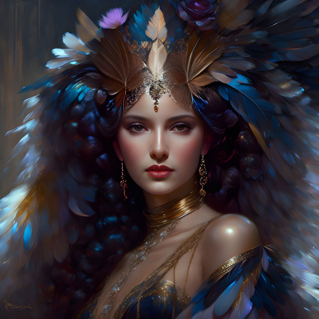 Regal woman portrait with dark hair, feathers, and jewelry.