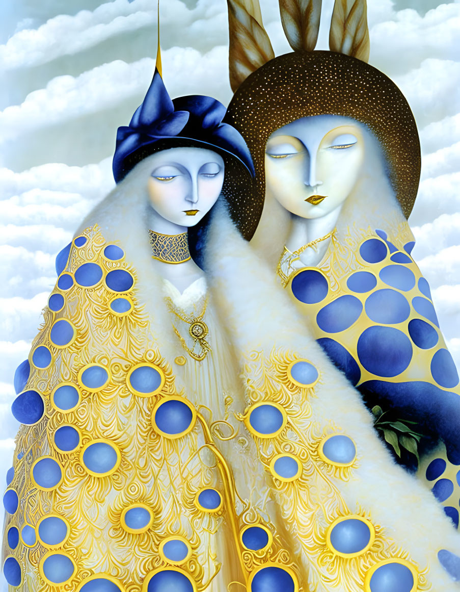 Surreal stylized figures with blue hat and golden halo in unique cloaks