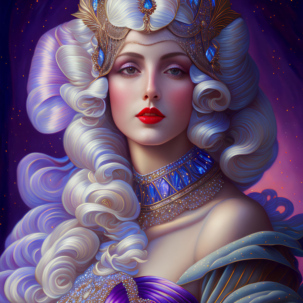 Illustrated portrait of woman with elaborate white hair against starry background