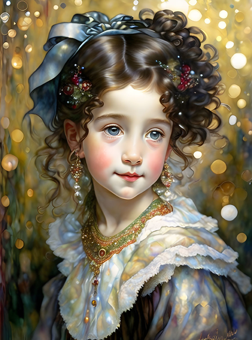 Portrait of Young Girl with Curly Hair and Red Berries in Gold Setting