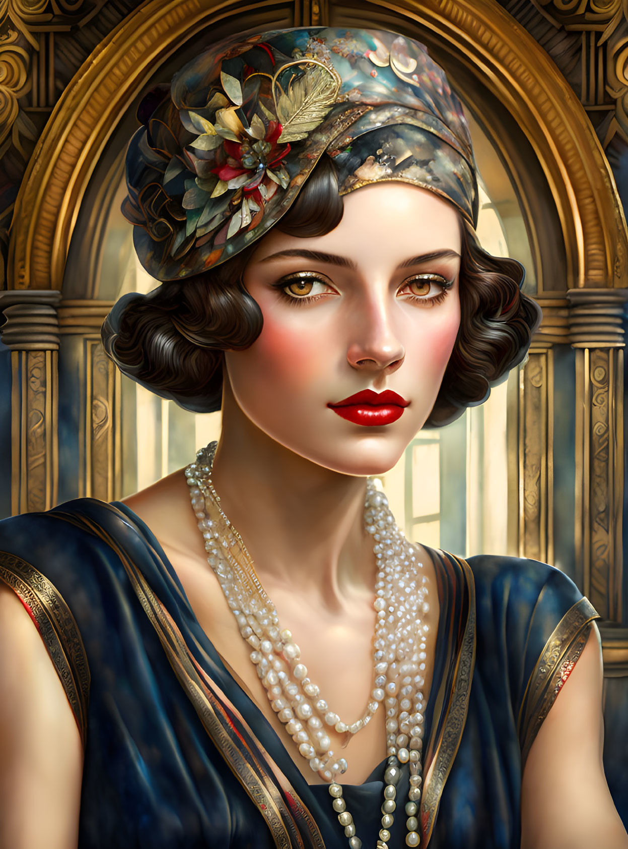 Bobbed hair woman in blue velvet dress with floral hat and pearls by golden archway