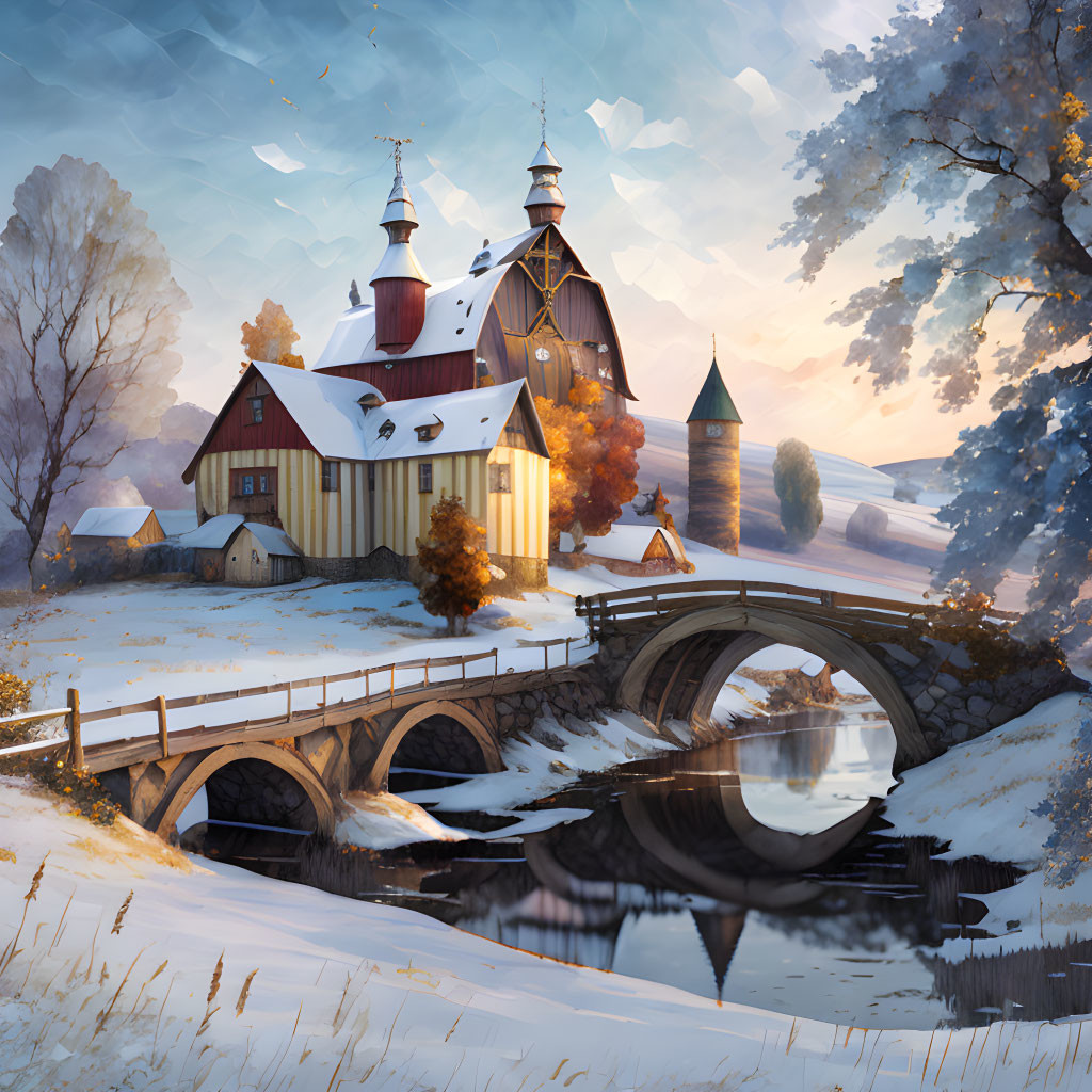 Village scene with church, houses, bridge, river, autumn foliage, winter snow, and glowing