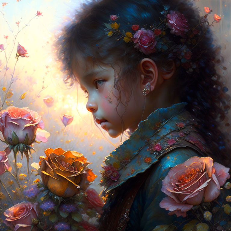 Young girl with flowers in hair, surrounded by roses in dreamy ambiance