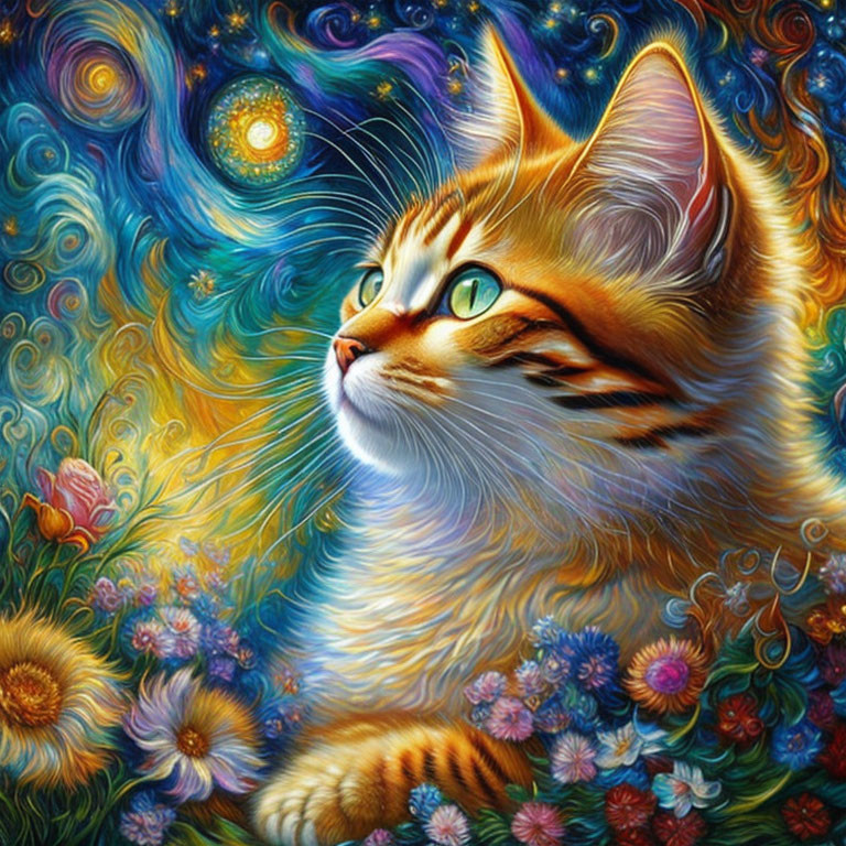 Colorful Painting of Orange Tabby Cat with Flowers and Cosmic Background