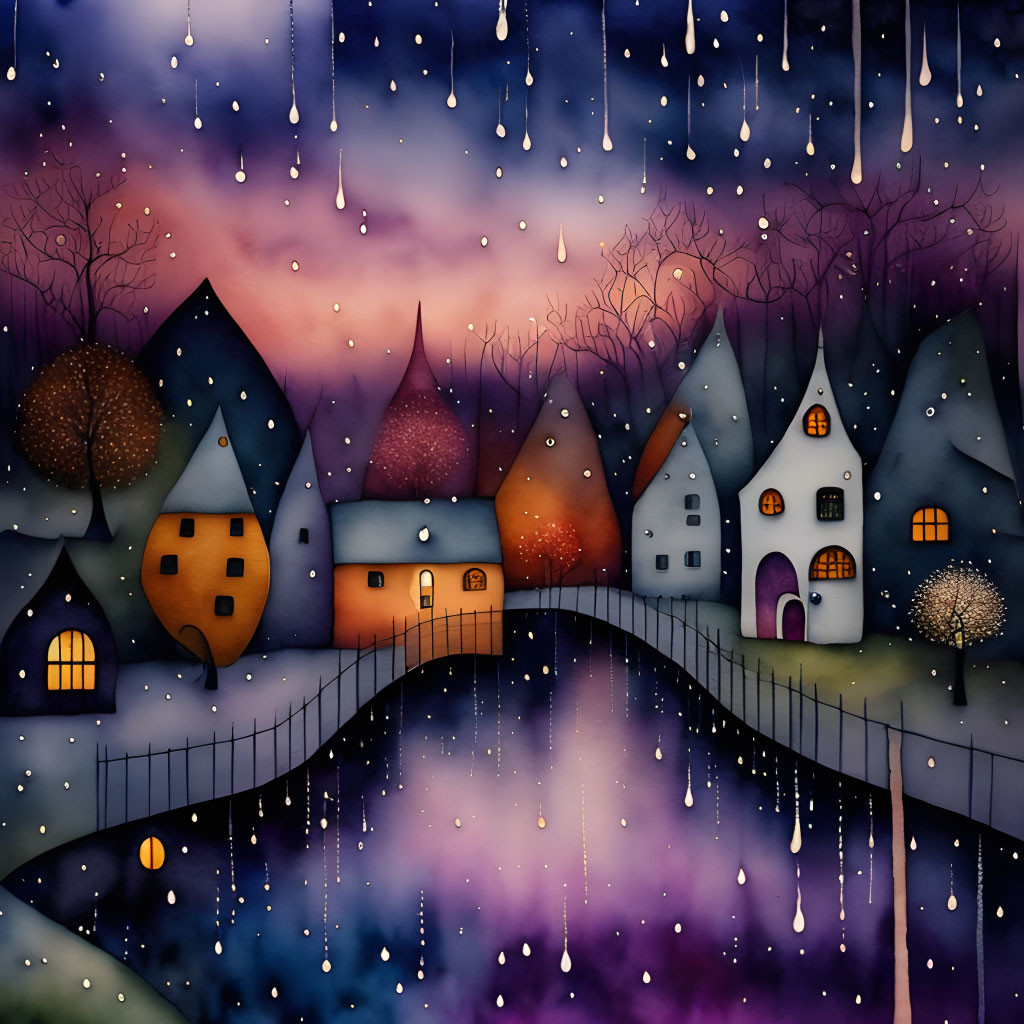 Charming storybook village illustration with quirky houses and starry sky