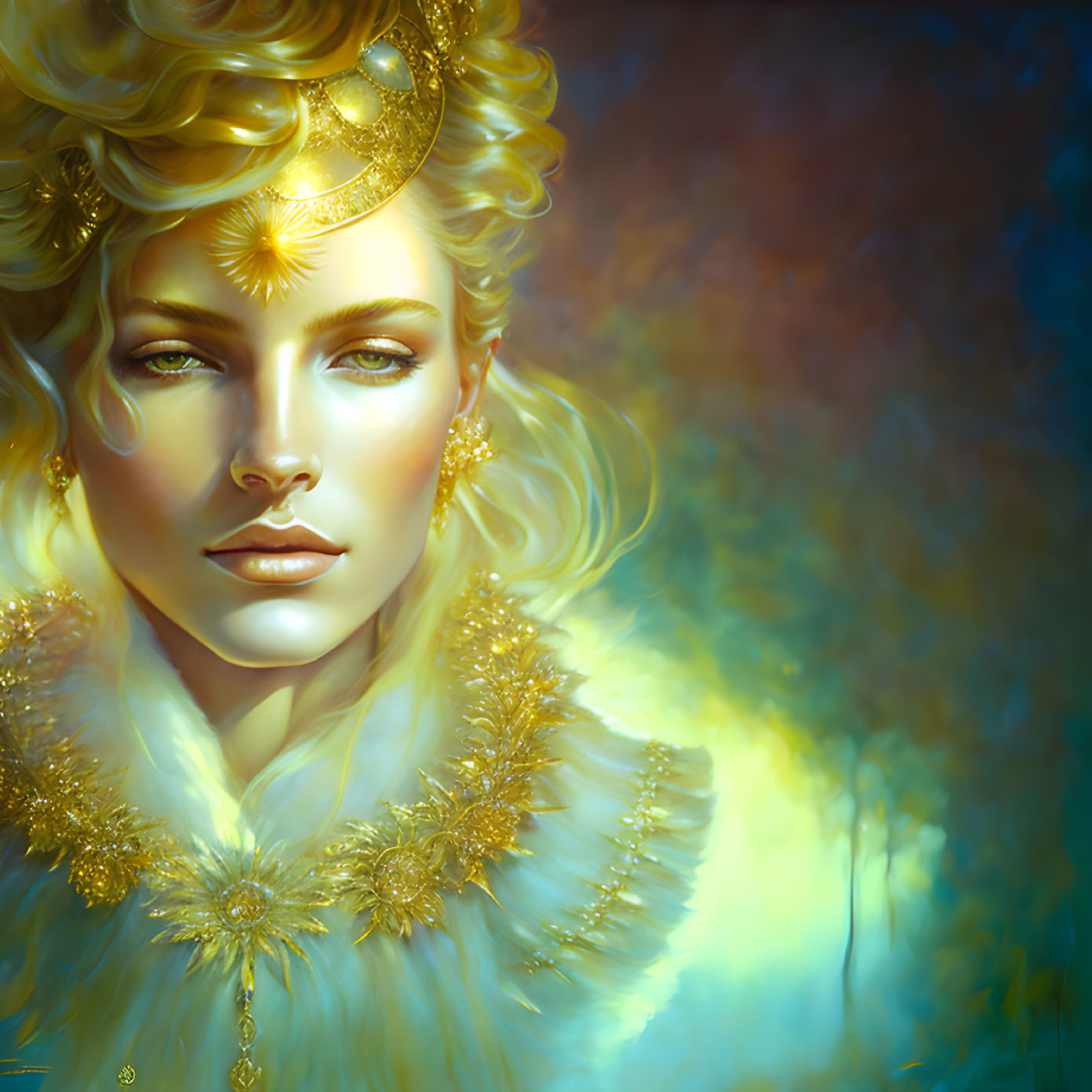 Stylized portrait of woman with golden hair, crown, and jewelry in warm, abstract glow