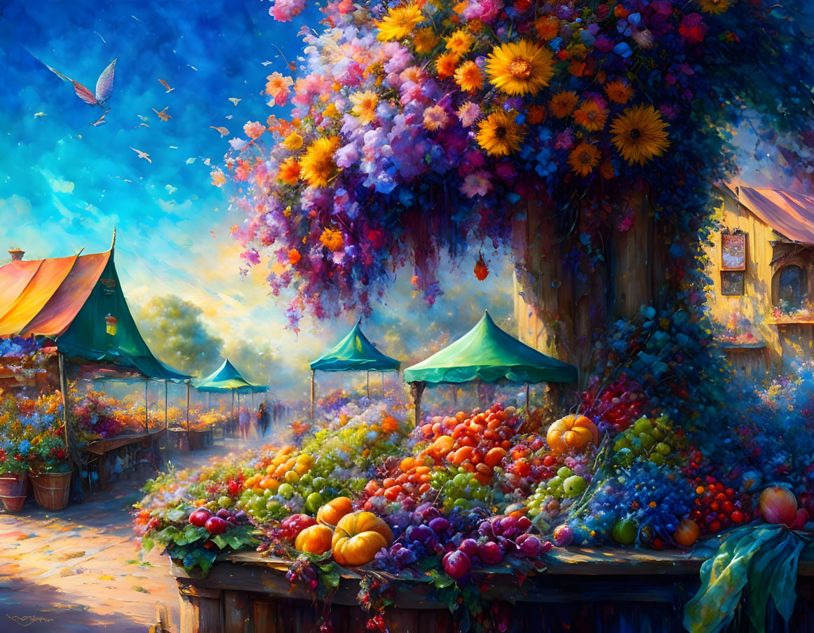 Colorful Outdoor Market with Fresh Fruits and Flowers Under Blooming Trees